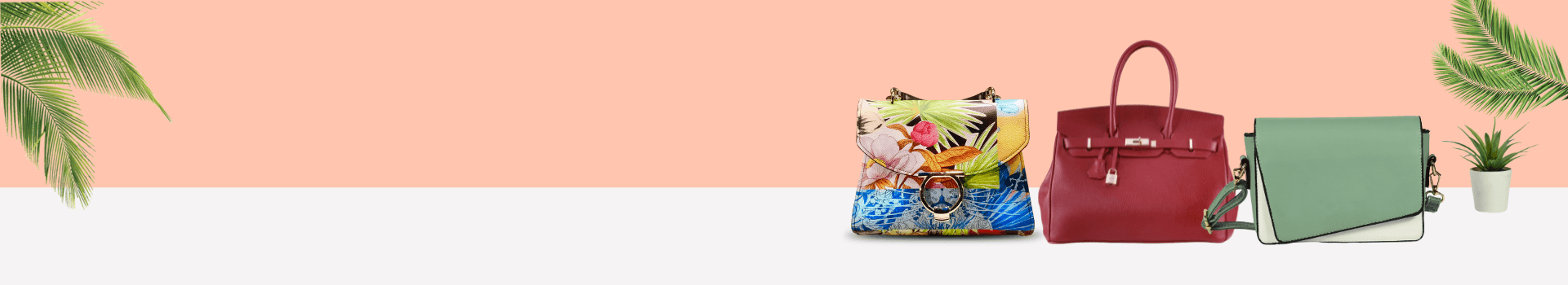 Colorful handbags with tropical palm background.
