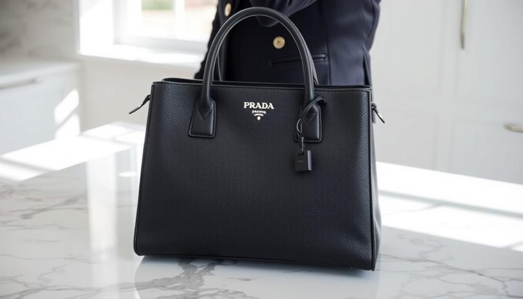 Black Prada handbag on marble surface