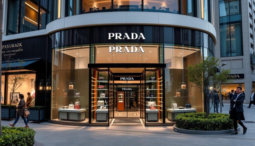 Luxury fashion store entrance with glass windows.