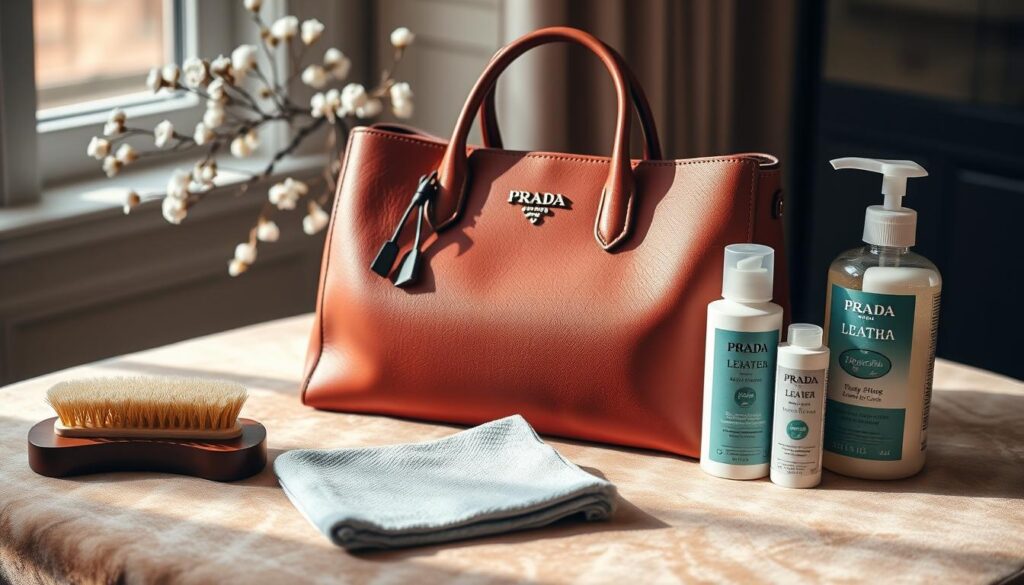 Prada leather care set with handbag.