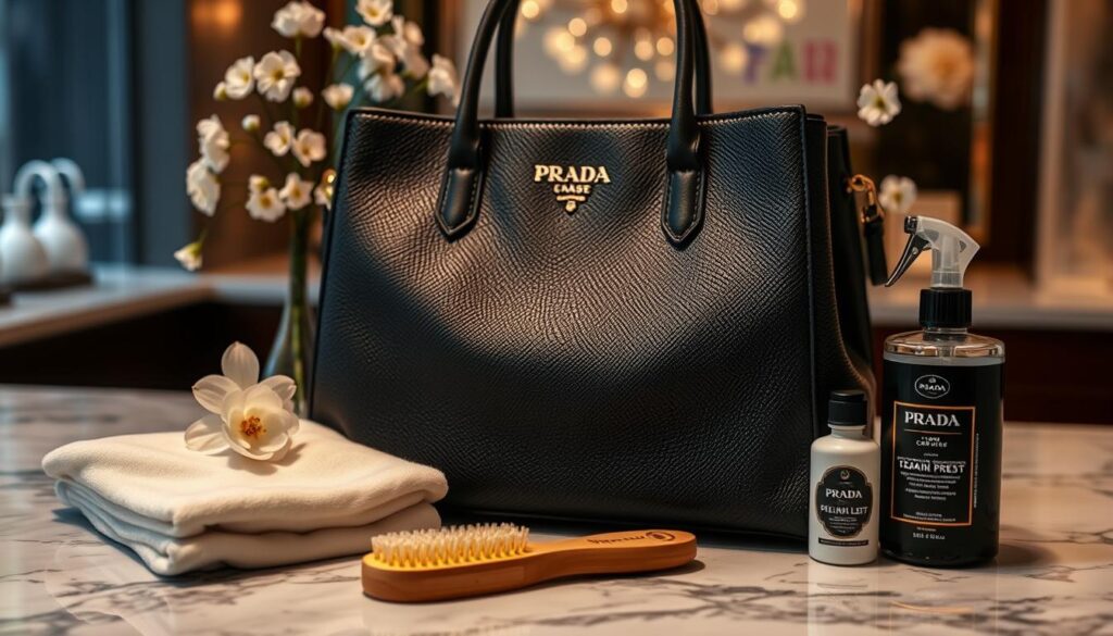 Black handbag with cleaning products on table.