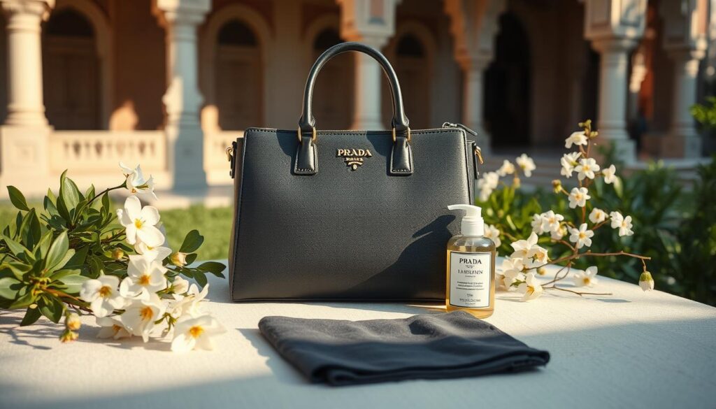Luxury handbag with lotion and flowers displayed outdoors.