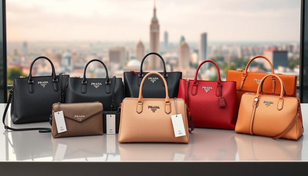 Colorful Prada handbags displayed on table