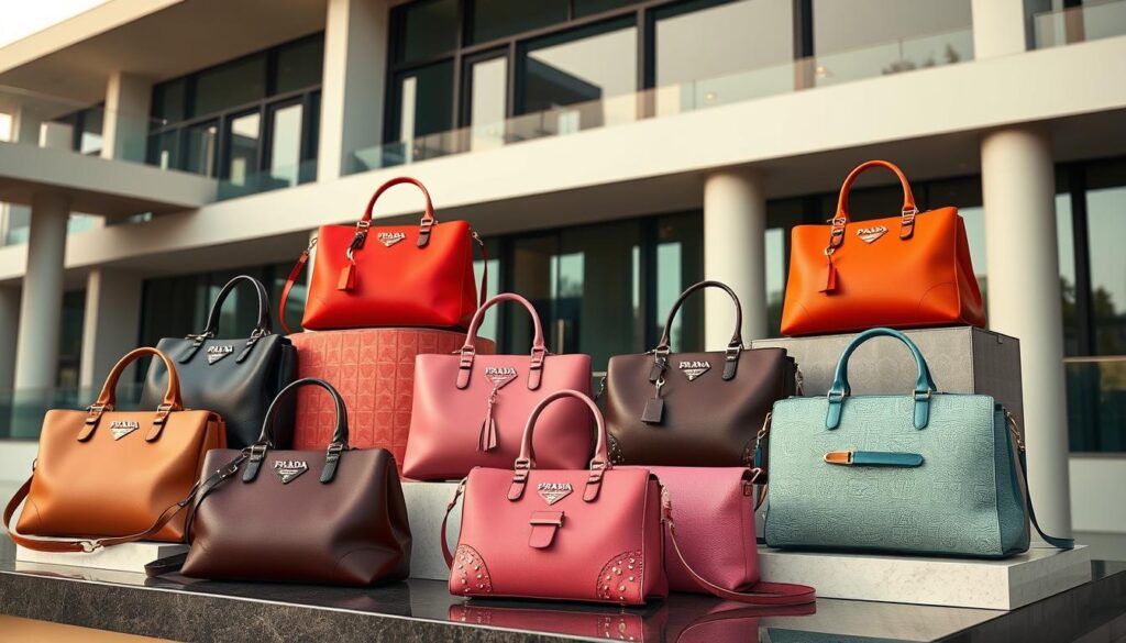 Colorful luxury handbags displayed outdoors