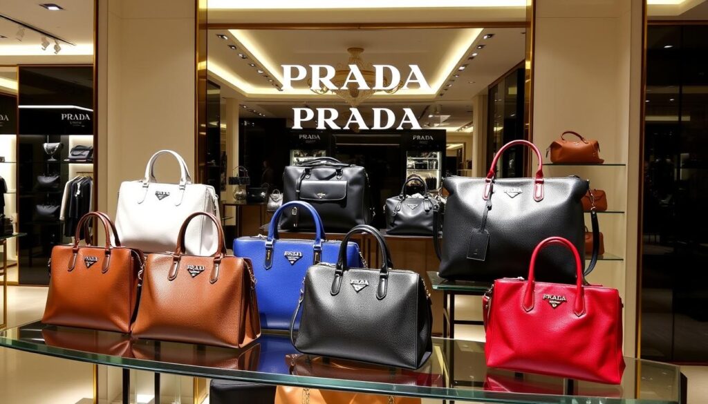 Display of luxury handbags in a store