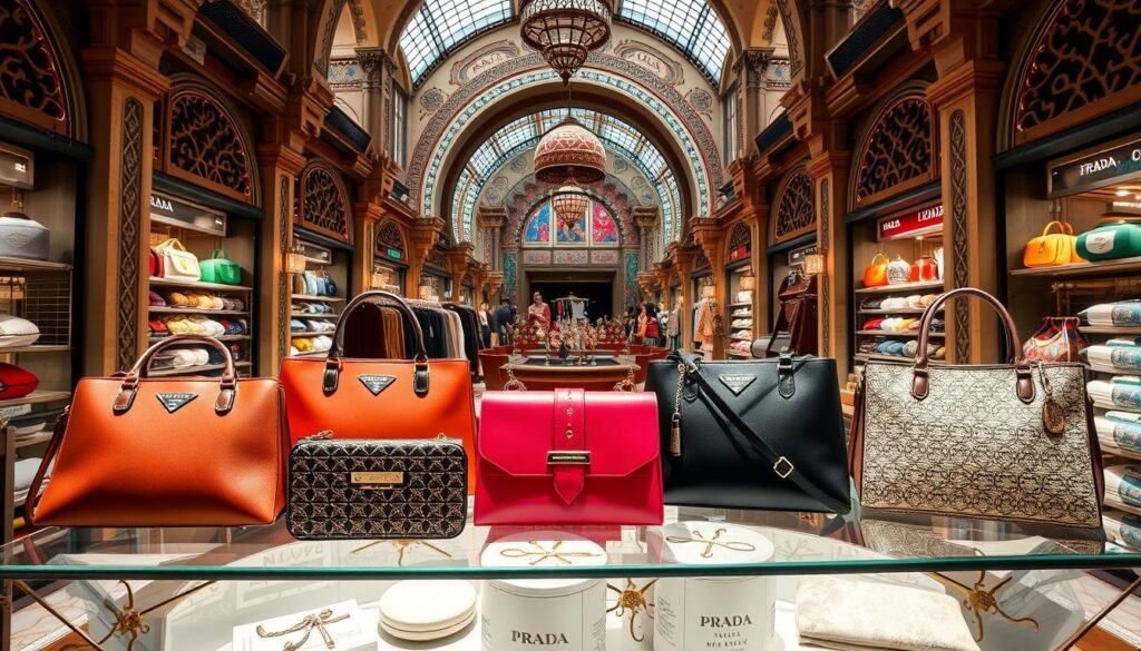 Luxury handbags displayed in ornate fashion boutique.