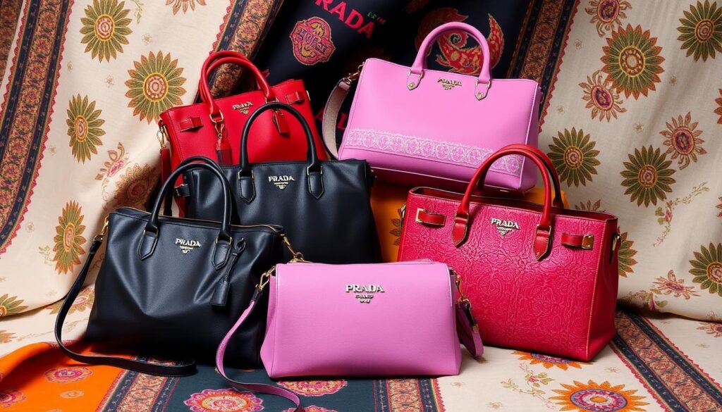 Colorful designer handbags on patterned background