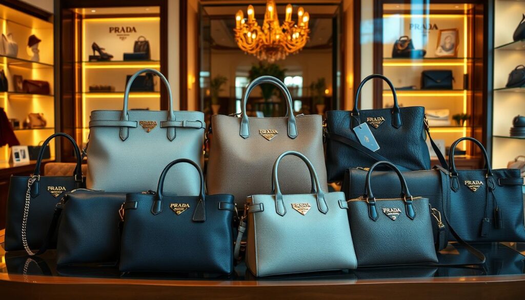 Luxury handbags displayed in a designer store.