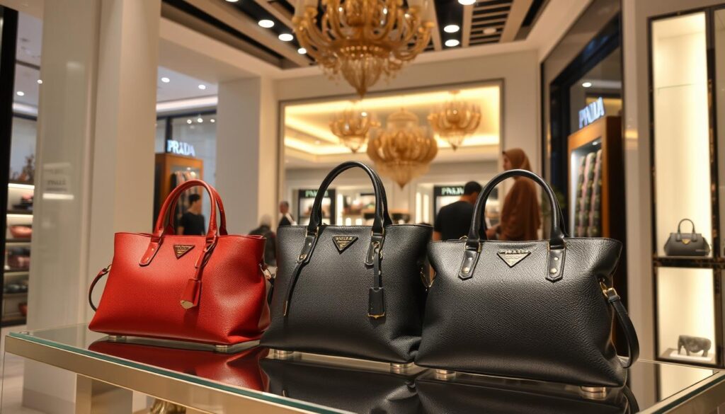 Luxury handbags displayed in a fashion store.
