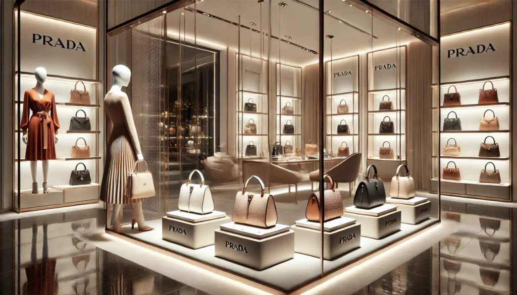Luxury handbag store display with mannequins