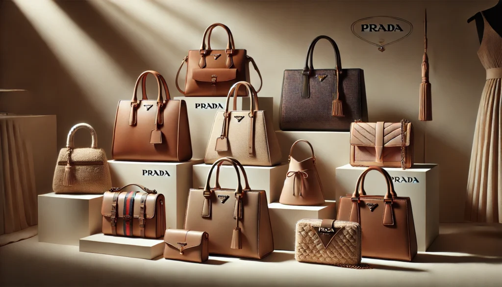 Luxury handbags displayed on shelves with branding.