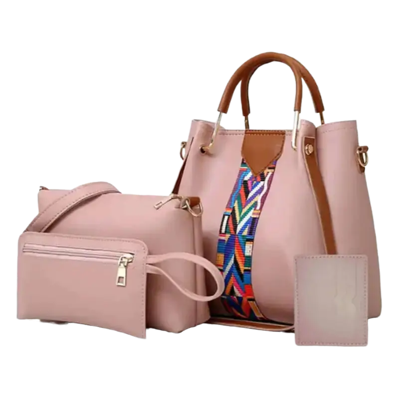 Capri 4-piece pink handbag set with pouch, wallet, and card holder