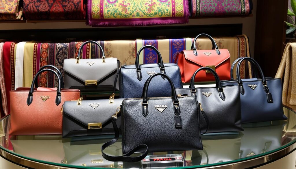Luxury handbags displayed on glass table.