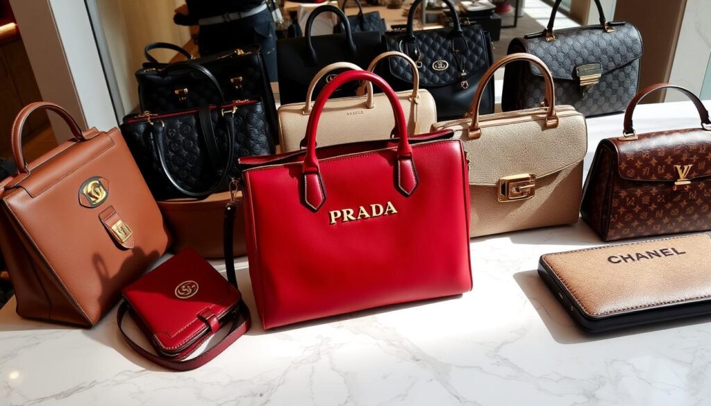 Luxury handbags displayed on a white table.