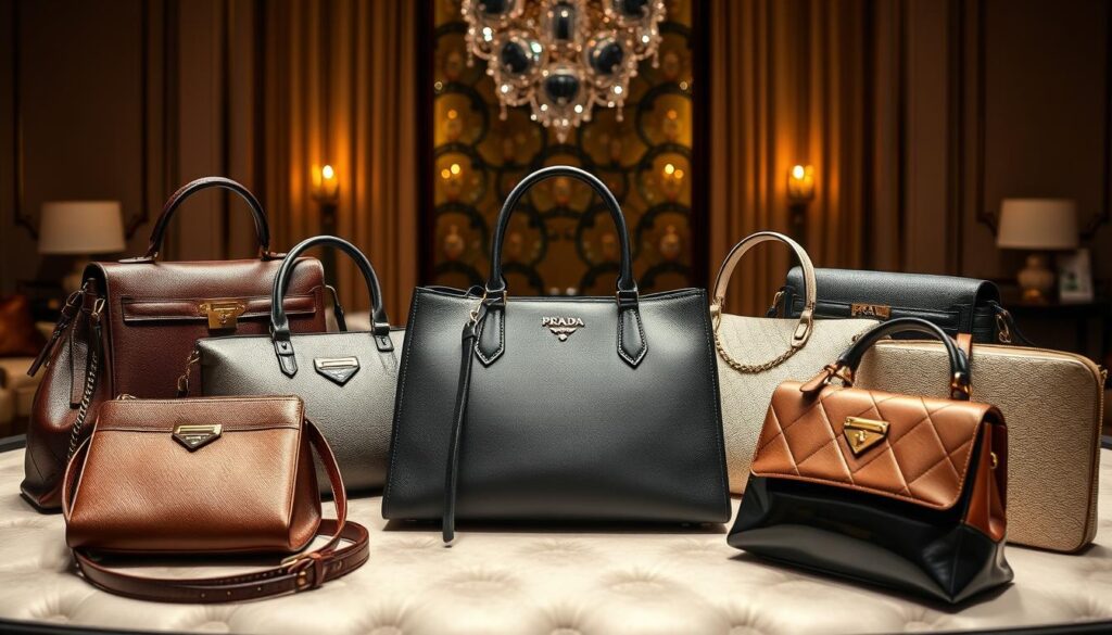Luxurious designer handbags displayed elegantly indoors.