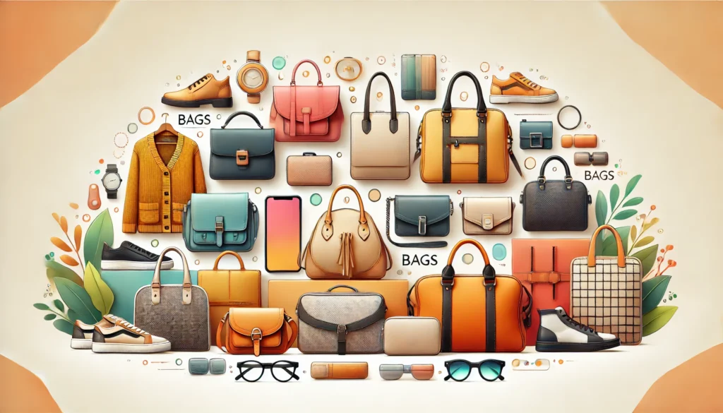 Assorted fashion accessories including bags and shoes.