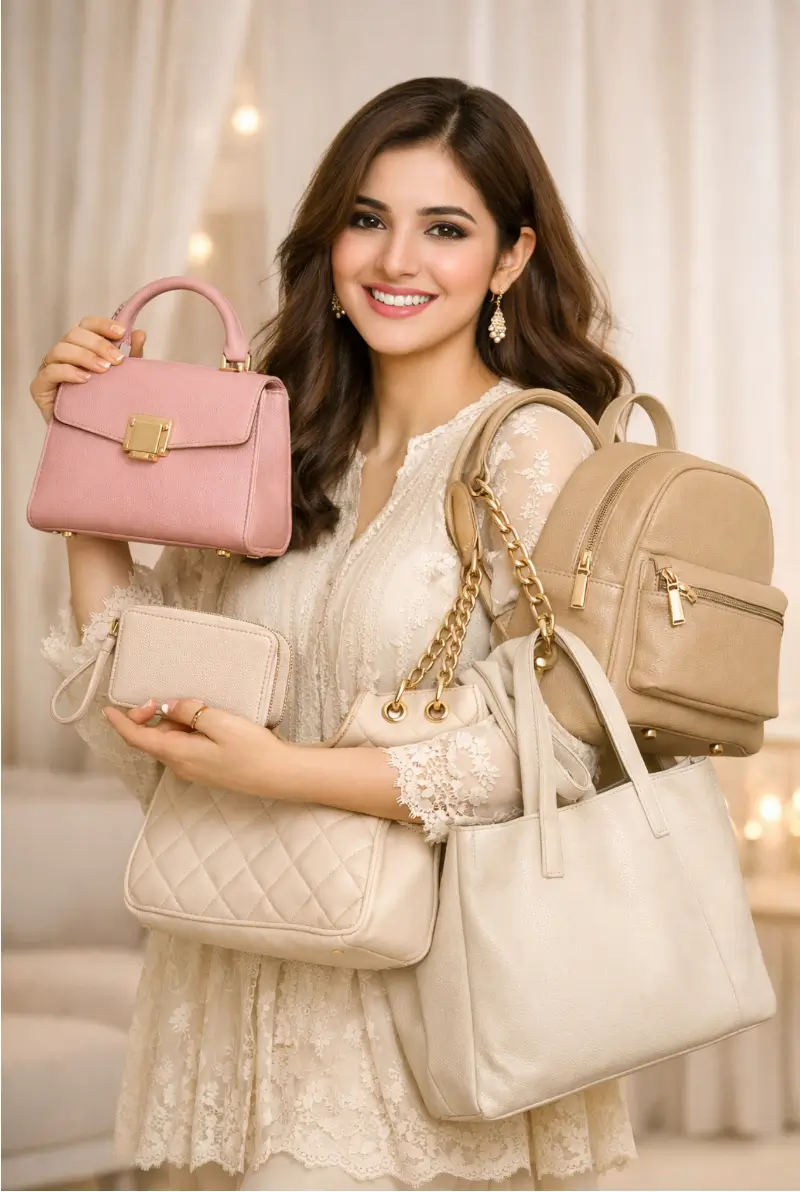 BreStyle fashion model with handbags and backpacks