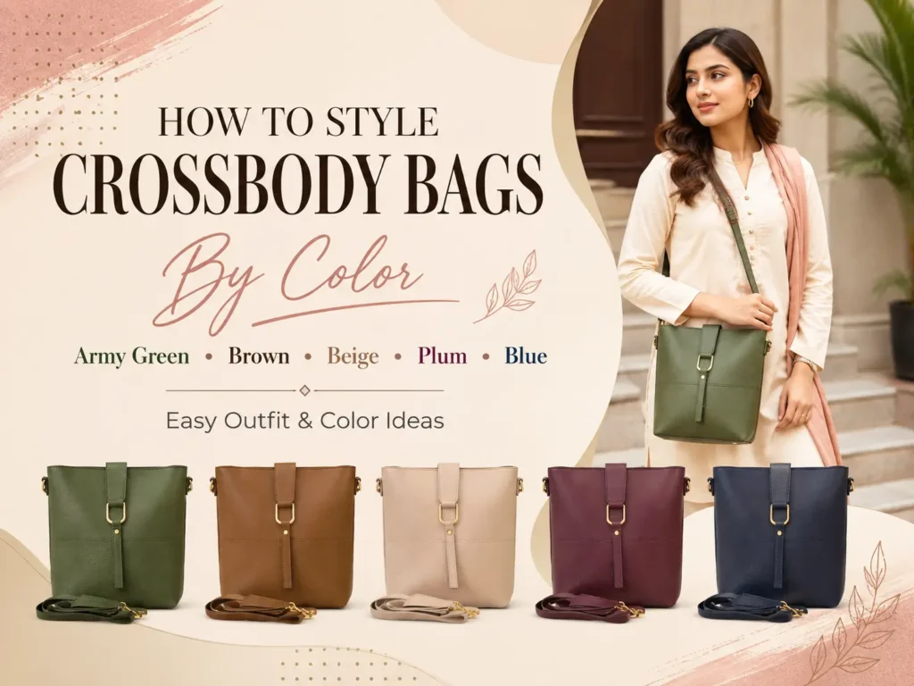 Army green, brown, beige, plum and blue crossbody bags styled with everyday outfits